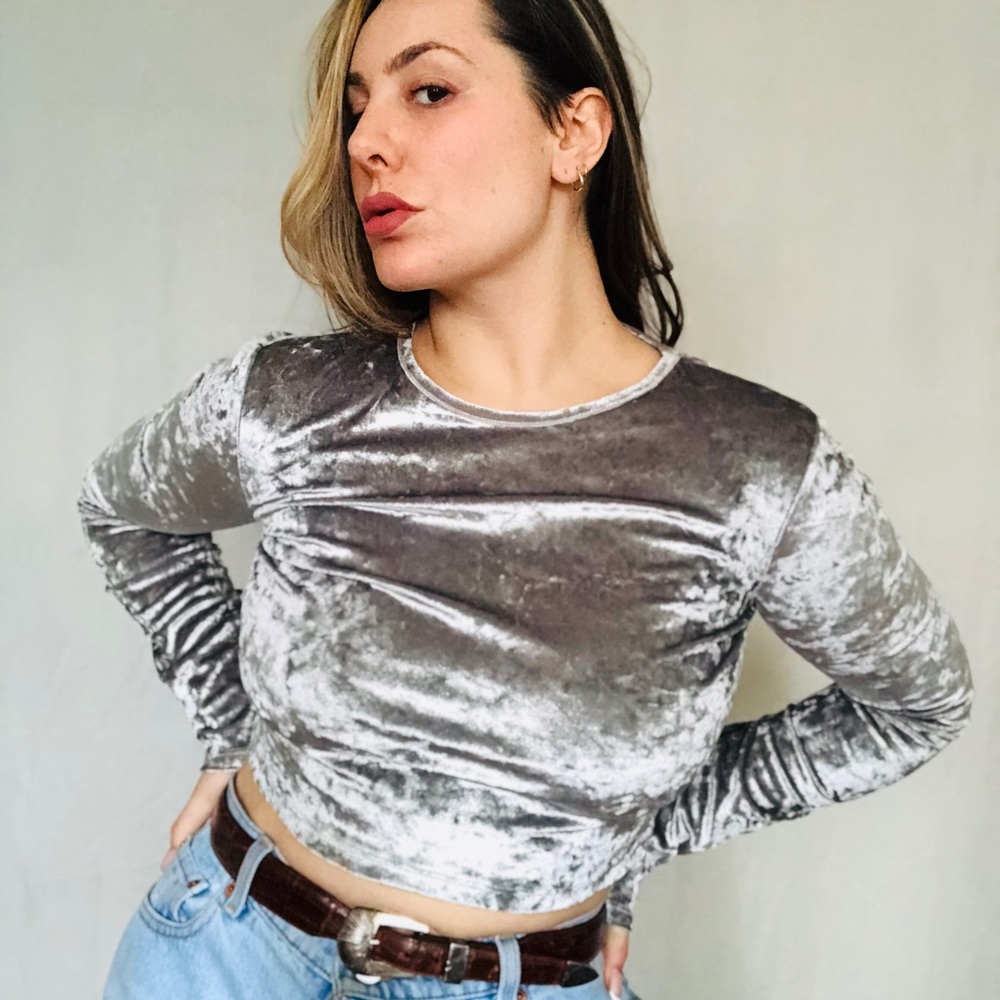 Silver velvet long sleeve croptop from Zara